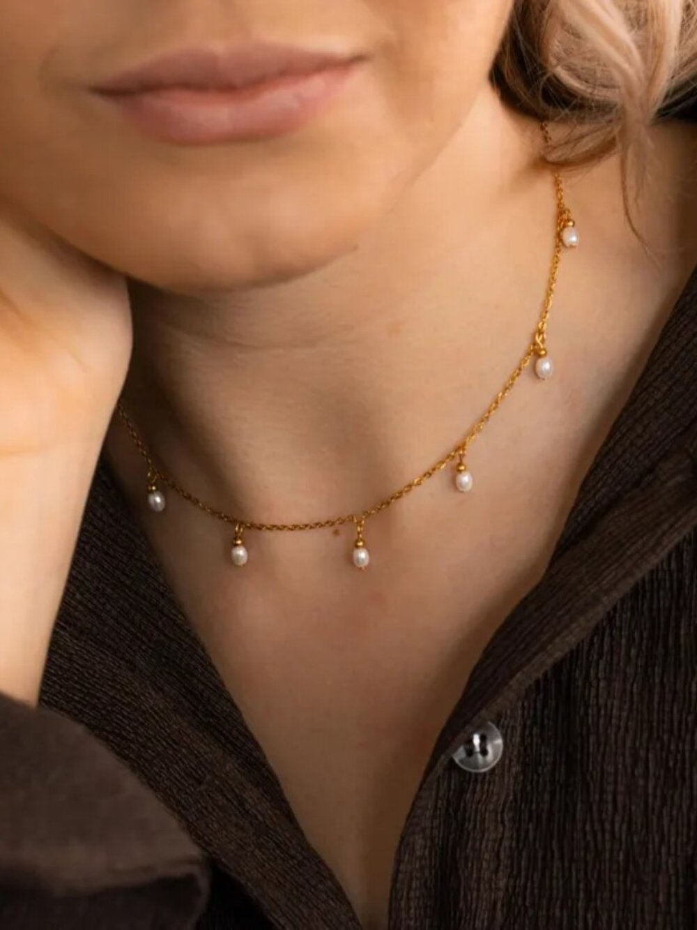 Louise Carter 18k Gold Plated Delicate Freshwater Pearl Droplet Station Necklace